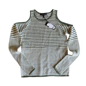 Women’s Romeo & Juliet Cotton Sweater Top, Cold-Shoulder, Green Stripe, Size Sm